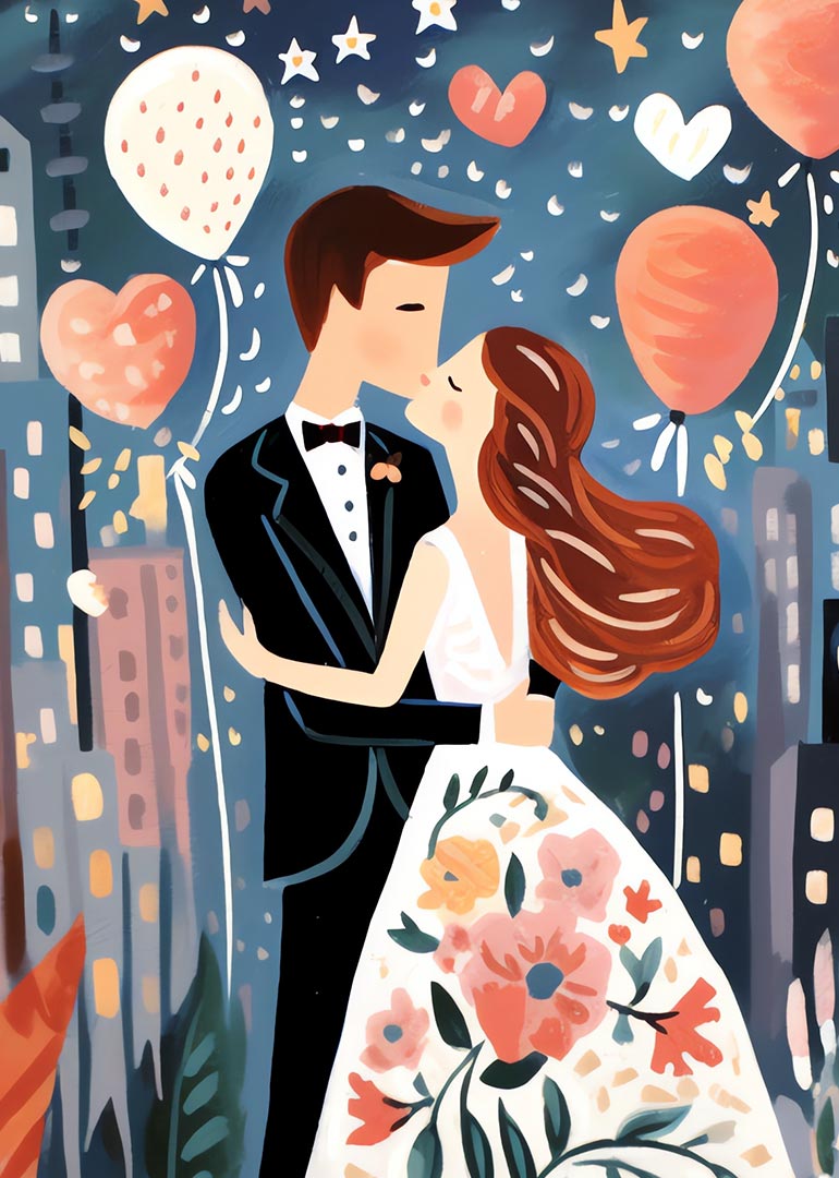 Illustration of bride and groom kissing with balloons and stars in city background
