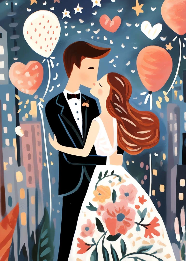 Bride and groom kiss beneath heart balloons in a dreamy city scene.