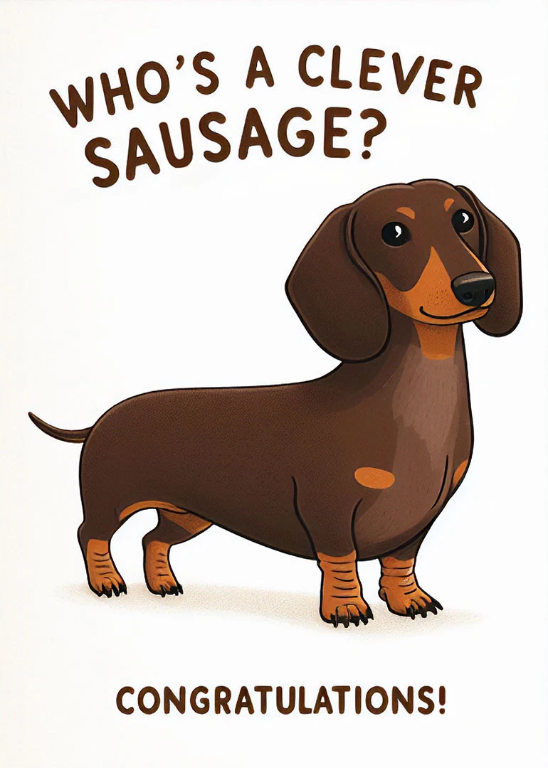 A brown dachshund illustration with the words Who's a clever sausage? Congratulations! on white background.