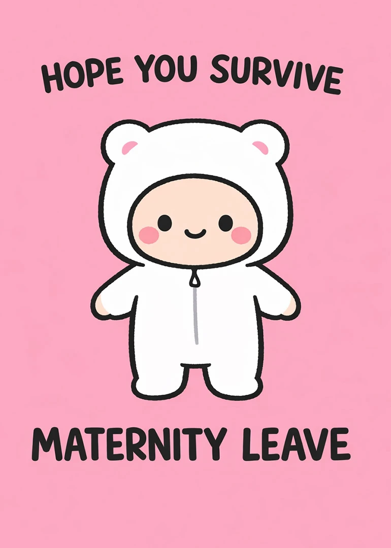 Cute baby in a bear onesie with the words hope you survive maternity leave.