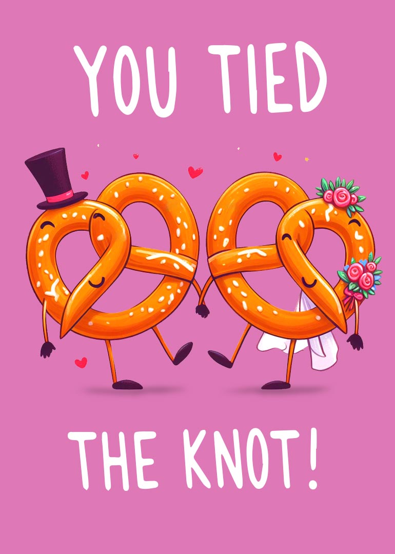 Pretzel couple holding hands with wedding attire and hearts on pink background