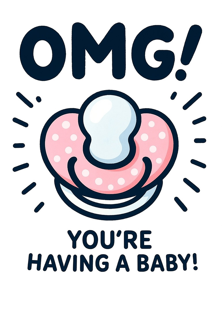 Pink polka dot pacifier with OMG text announcing baby news