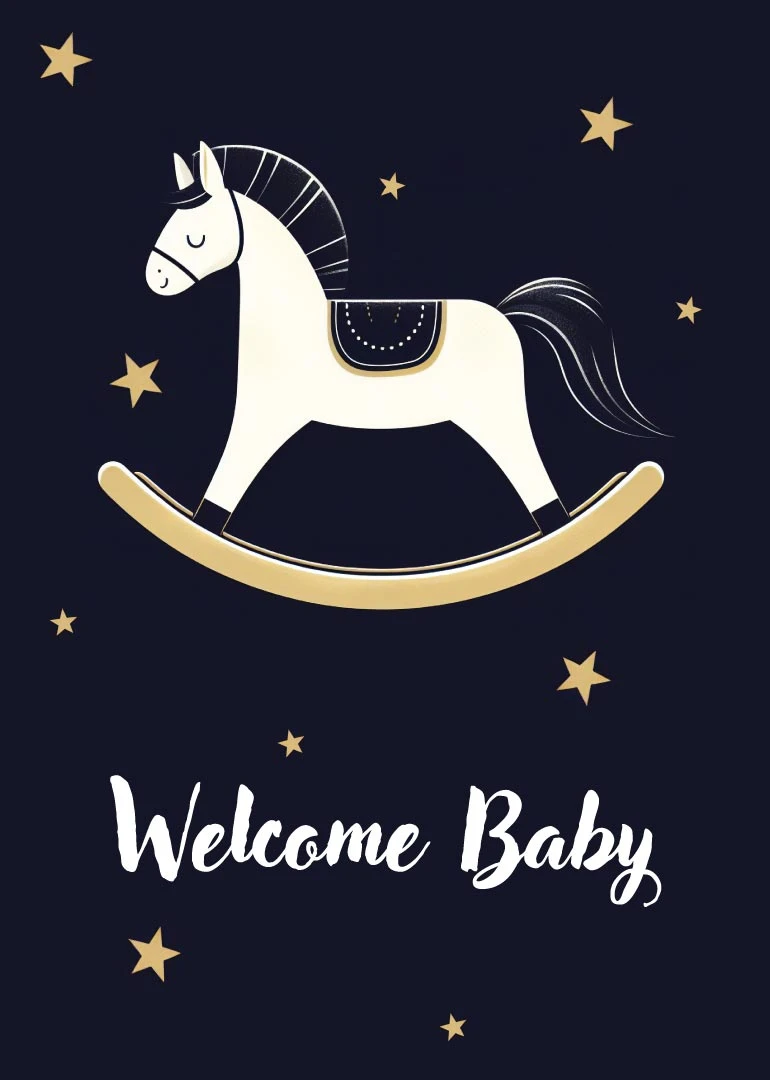 Navy card with a white rocking horse, gold stars, and Welcome Baby in script text.