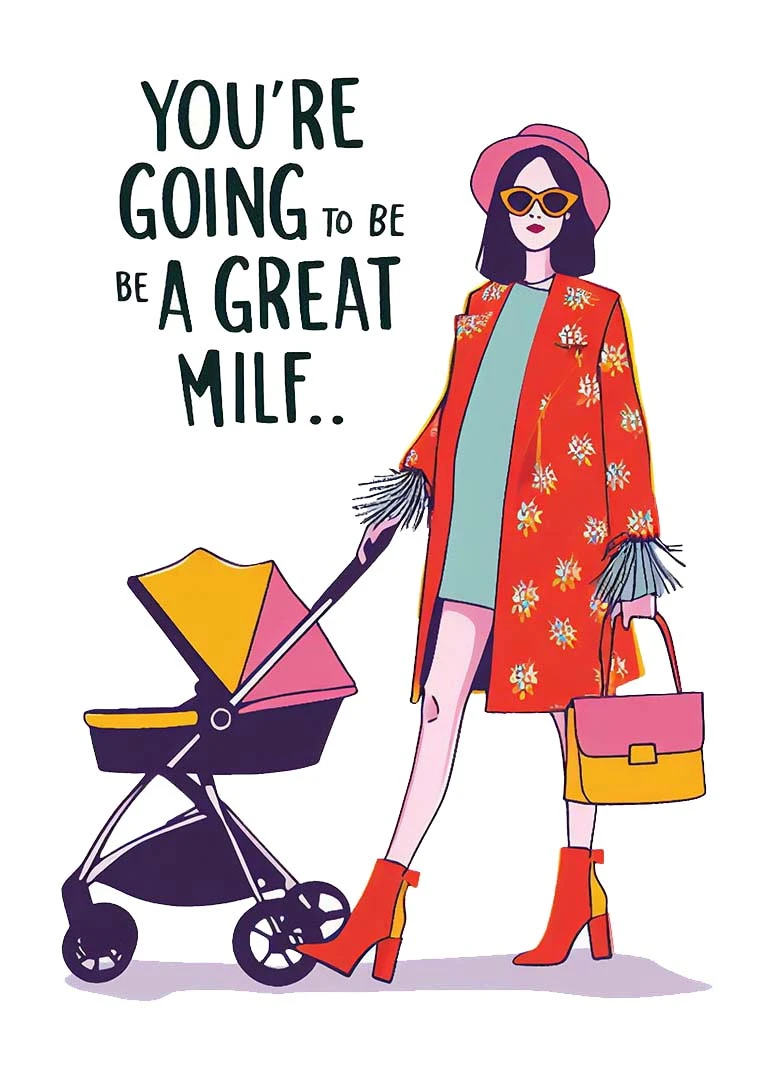Stylish woman beside a stroller with cheeky MILF wording and bright fashion artwork.