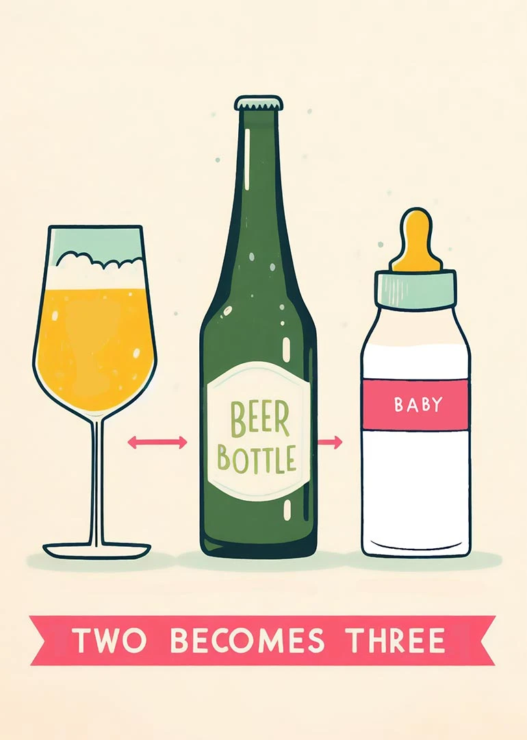 Wine glass, beer bottle, and baby bottle with two becomes three text on cream background.