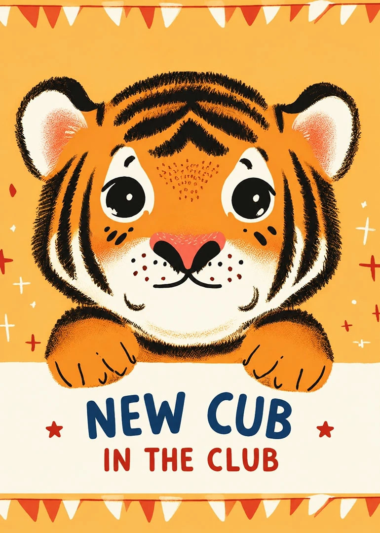 Cute tiger cub peeking over a sign with New Cub in the Club text.
