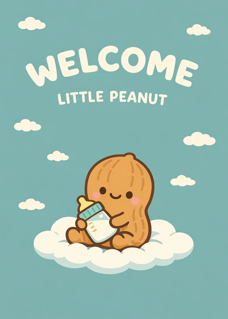 Cute peanut baby sits on a cloud beneath Welcome Little Peanut text and smiling clouds.
