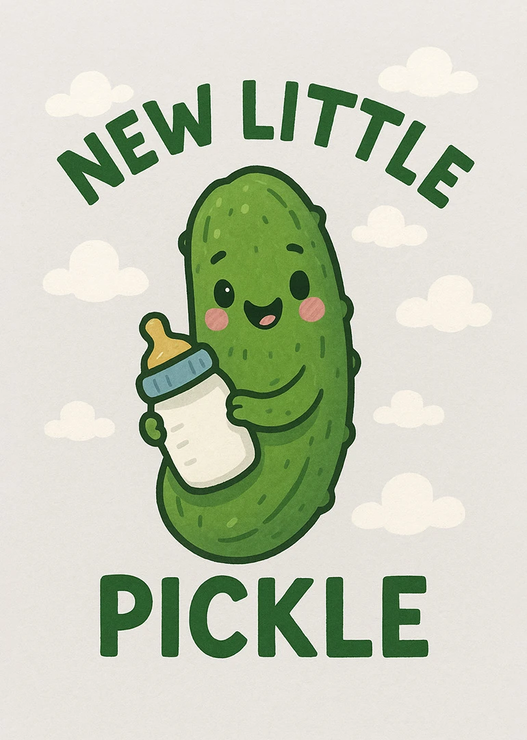 Cute pickle holding a baby bottle under clouds with New Little Pickle text on card.