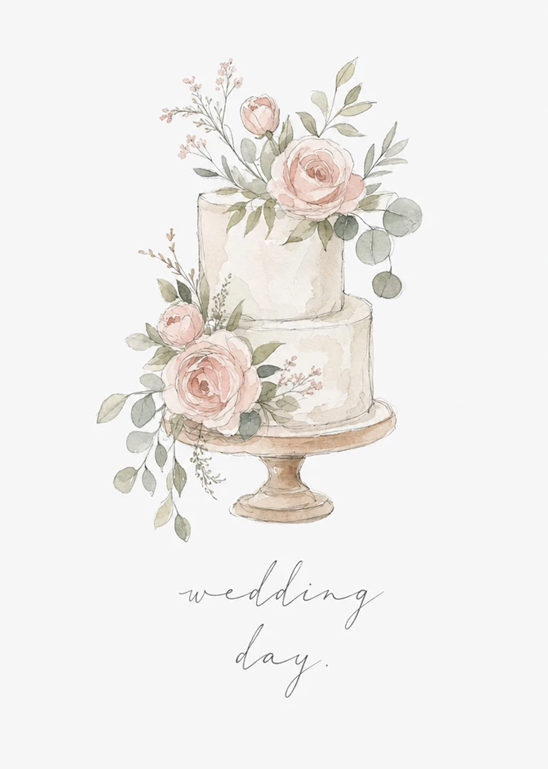 Watercolor wedding cake with blush flowers and elegant script reading wedding day on white background.