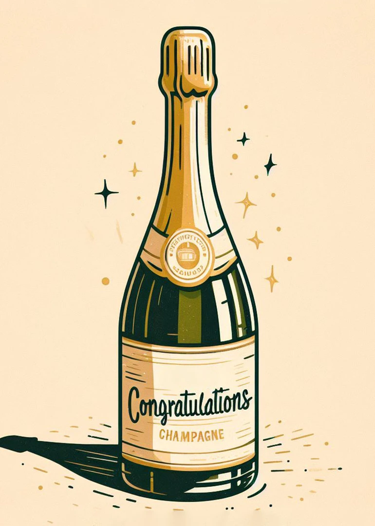 A champagne bottle card with Congratulations wording, gold accents, and sparkling celebratory stars around it.