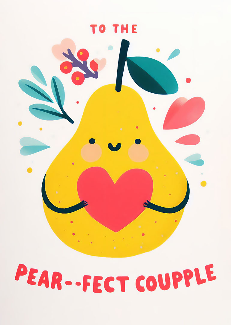 Illustrated card with a cute pear holding a heart and pun 'Pear-fect Couple'