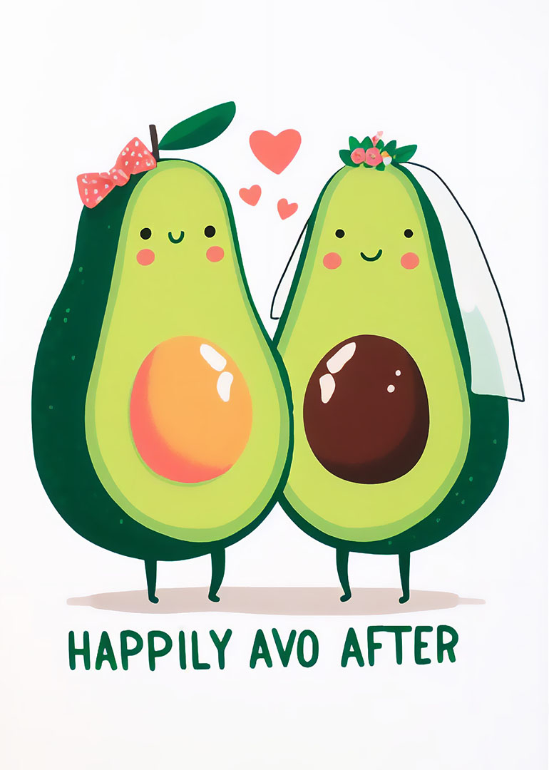 Cute avocado couple dressed as bride and groom with hearts and pun