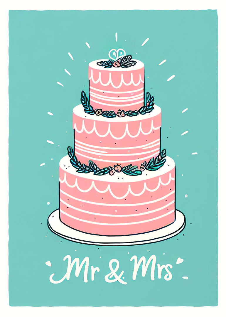 Pink tiered wedding cake with floral details and Mr and Mrs wording.