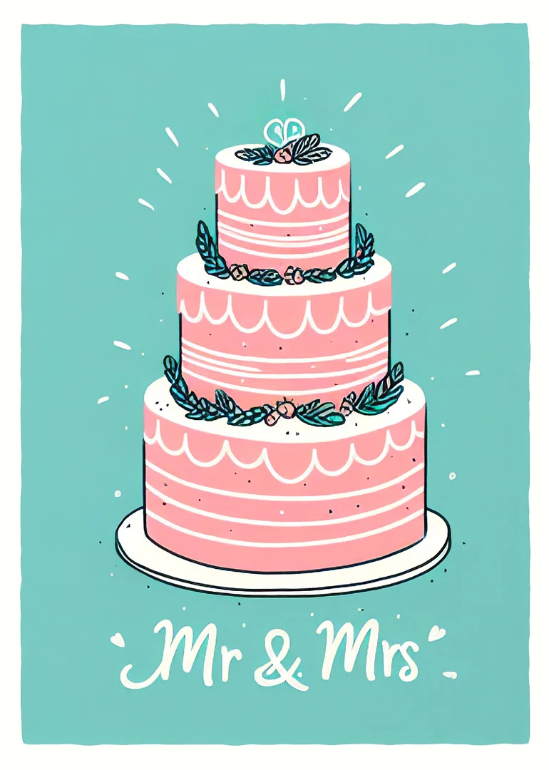 Pink tiered wedding cake with floral details and Mr and Mrs wording.