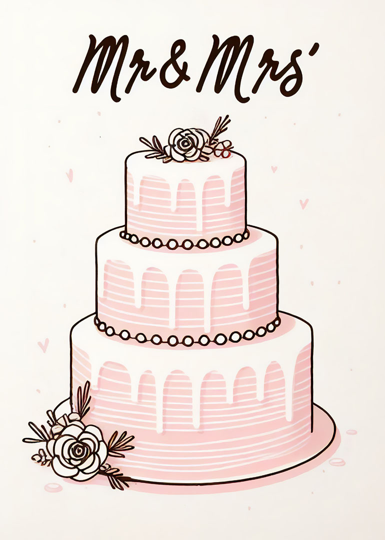 Three-tier pink and white wedding cake with flowers and Mr and Mrs text