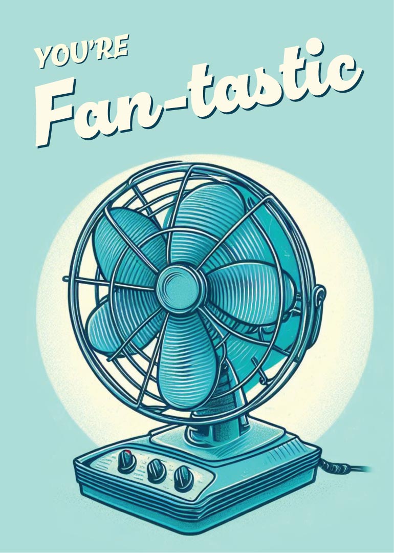 Vintage electric fan illustration with fan-tastic pun text on blue background
