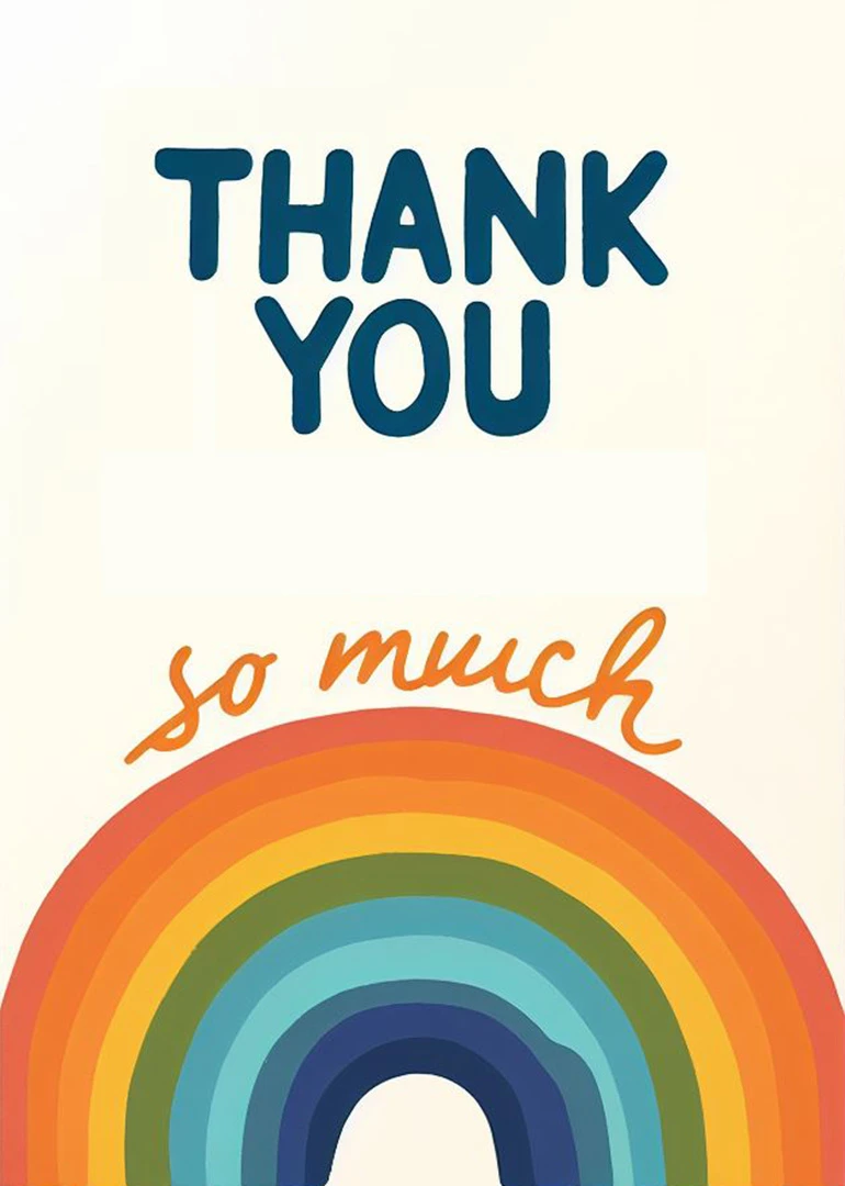 Cream card with bold blue Thank You text, orange So much script and rainbow arch.
