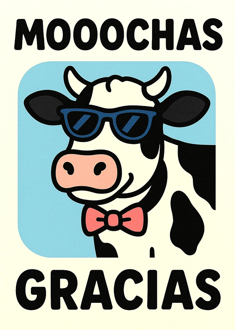 Cartoon cow wearing sunglasses and bow tie with Mooochas Gracias text on cream background.