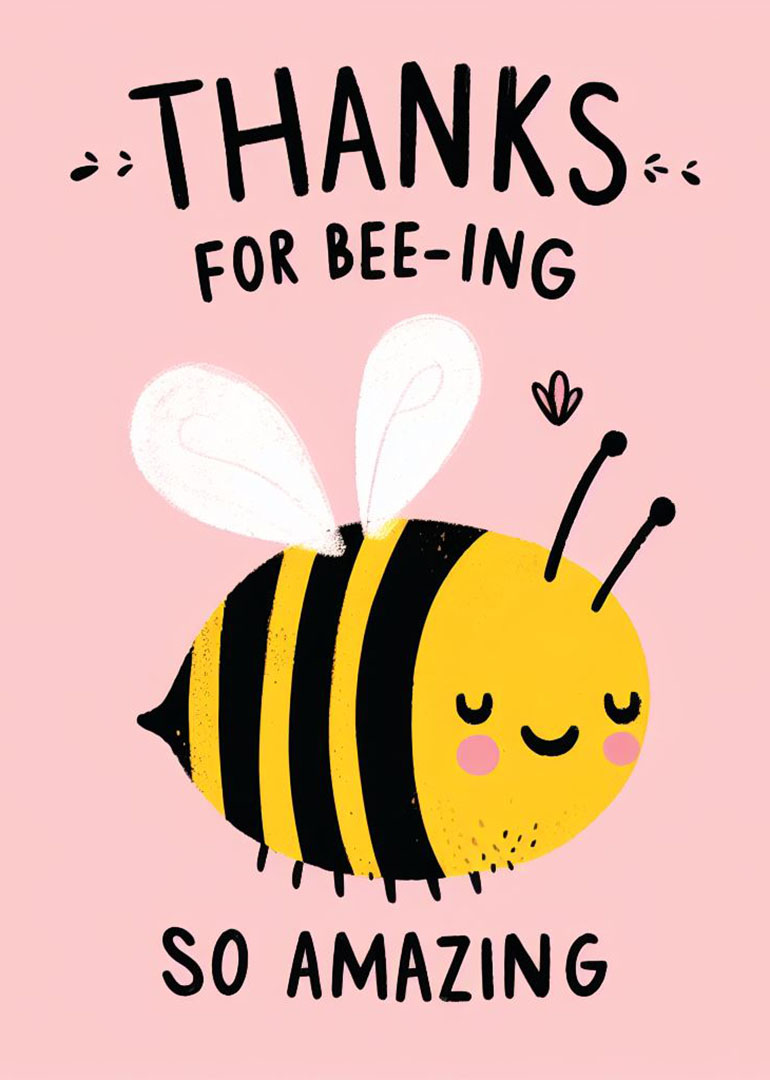 Cute yellow and black bee with smiling face on pink background