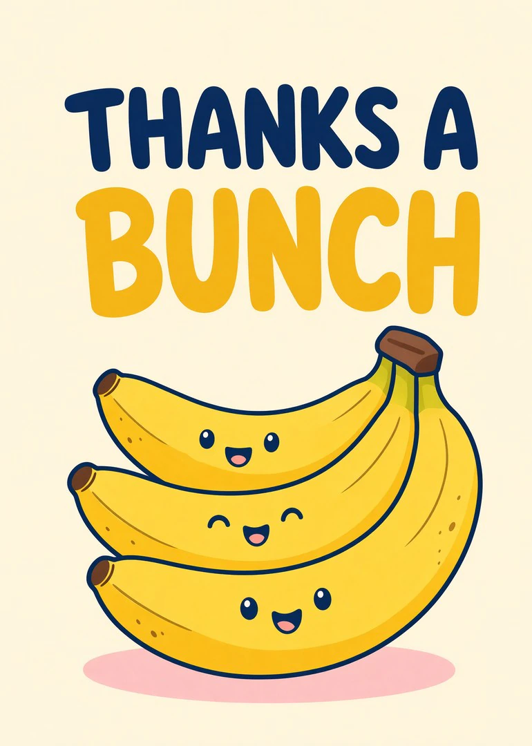 Cute bananas stacked with smiling faces and the words Thanks a Bunch in bold lettering.