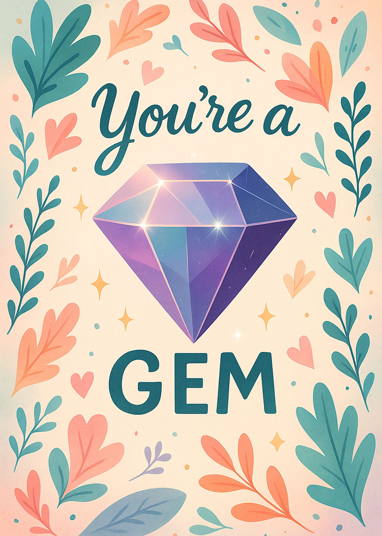 Card with sparkling diamond gem surrounded by colorful leaves and hearts