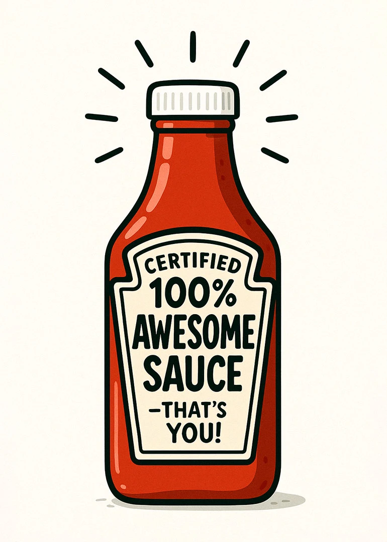 Ketchup bottle with certified 100% awesome sauce that's you text.