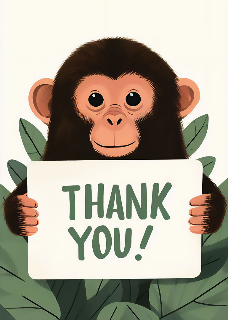Illustration of a monkey holding a thank you sign with green leaves behind