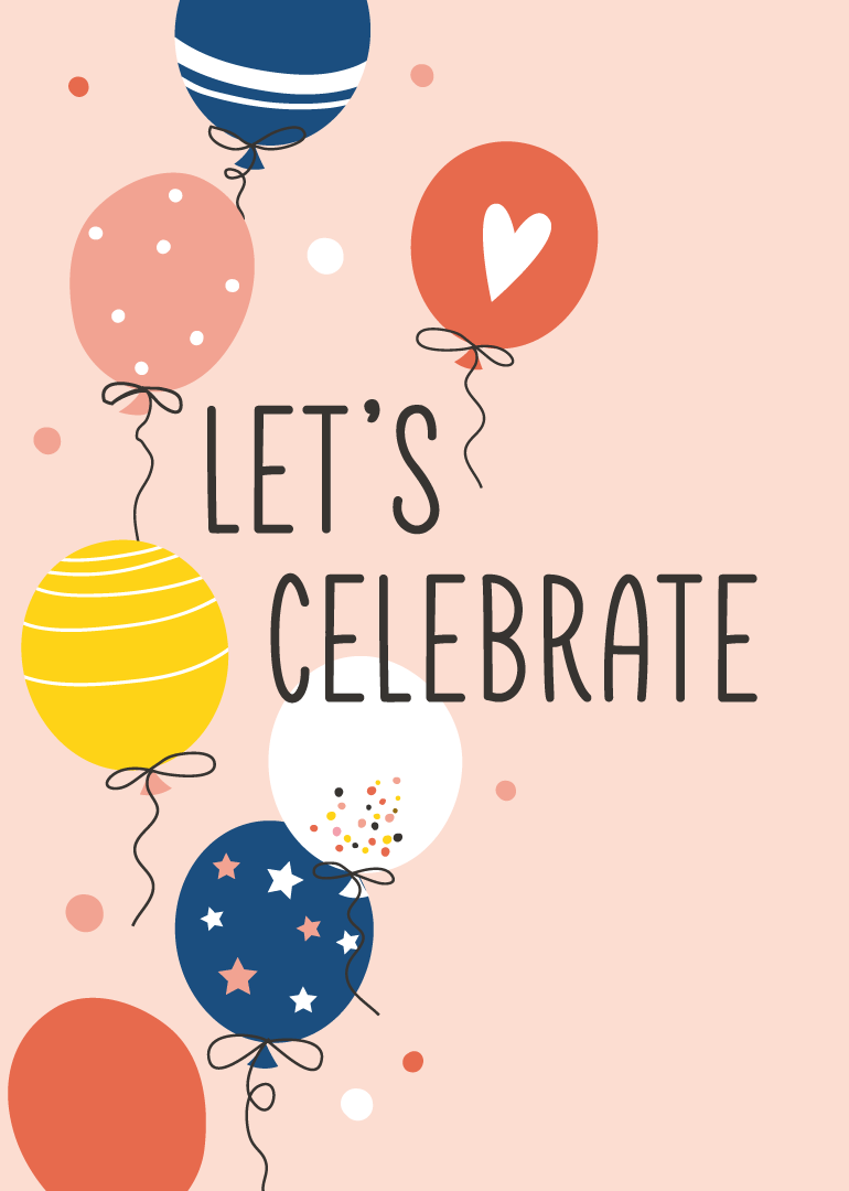 Colorful balloons with 'Let's Celebrate' text on a peach background