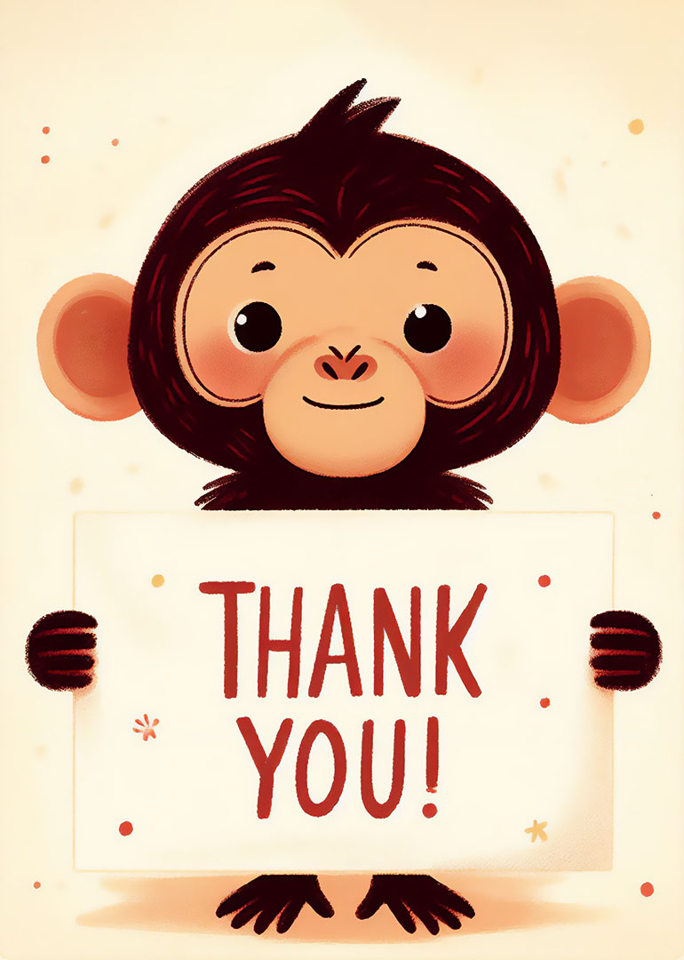 Cute cartoon monkey holding a thank you sign with a warm smile