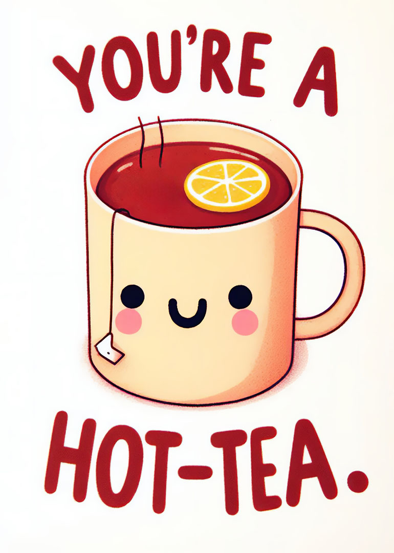 Smiling tea cup with lemon slice and pun text you're a hot-tea