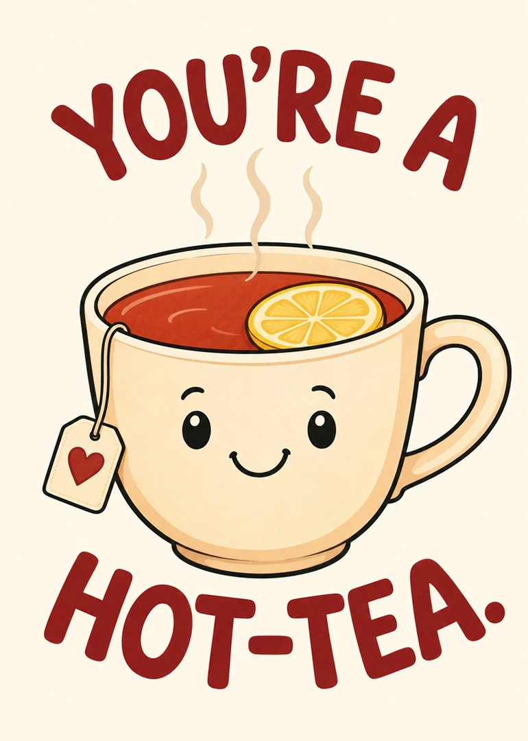Smiling tea mug with lemon slice and the text You're a Hot-Tea in red lettering.
