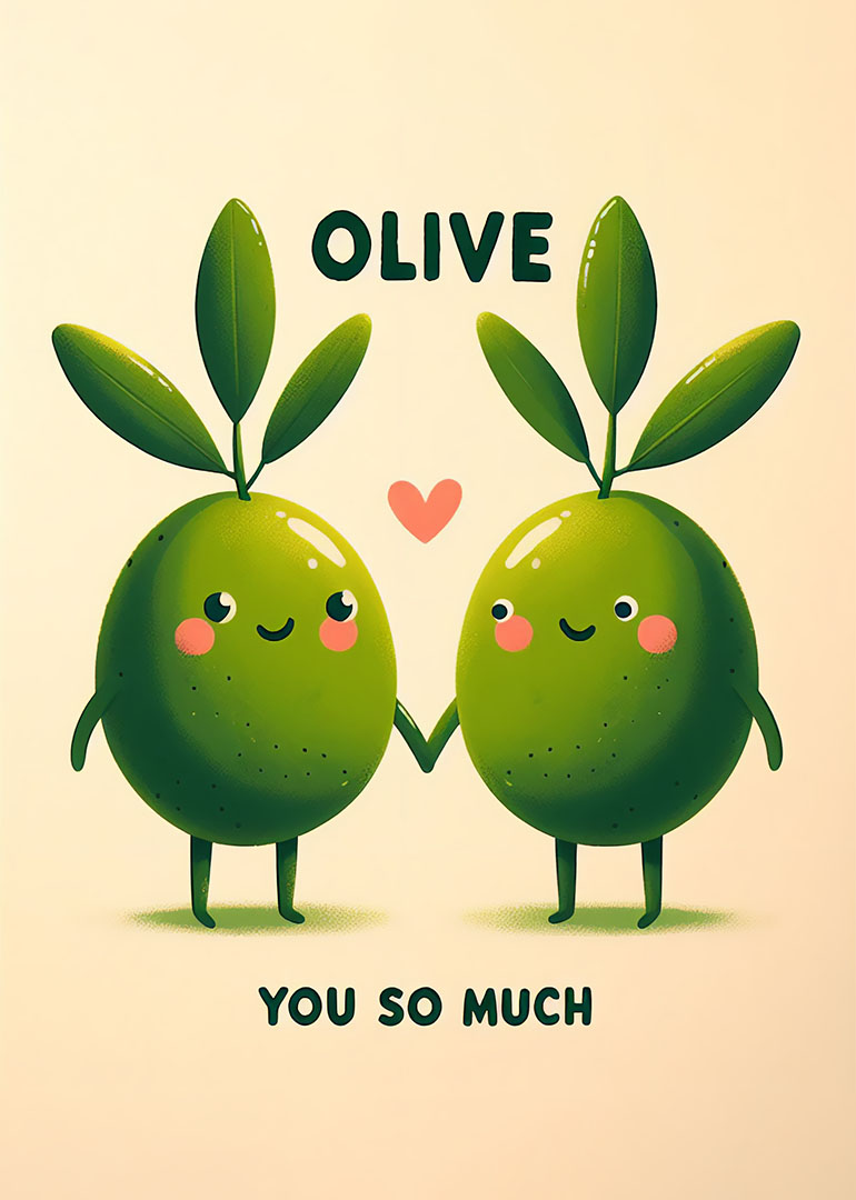 Two cute smiling olives holding hands with a heart and pun text