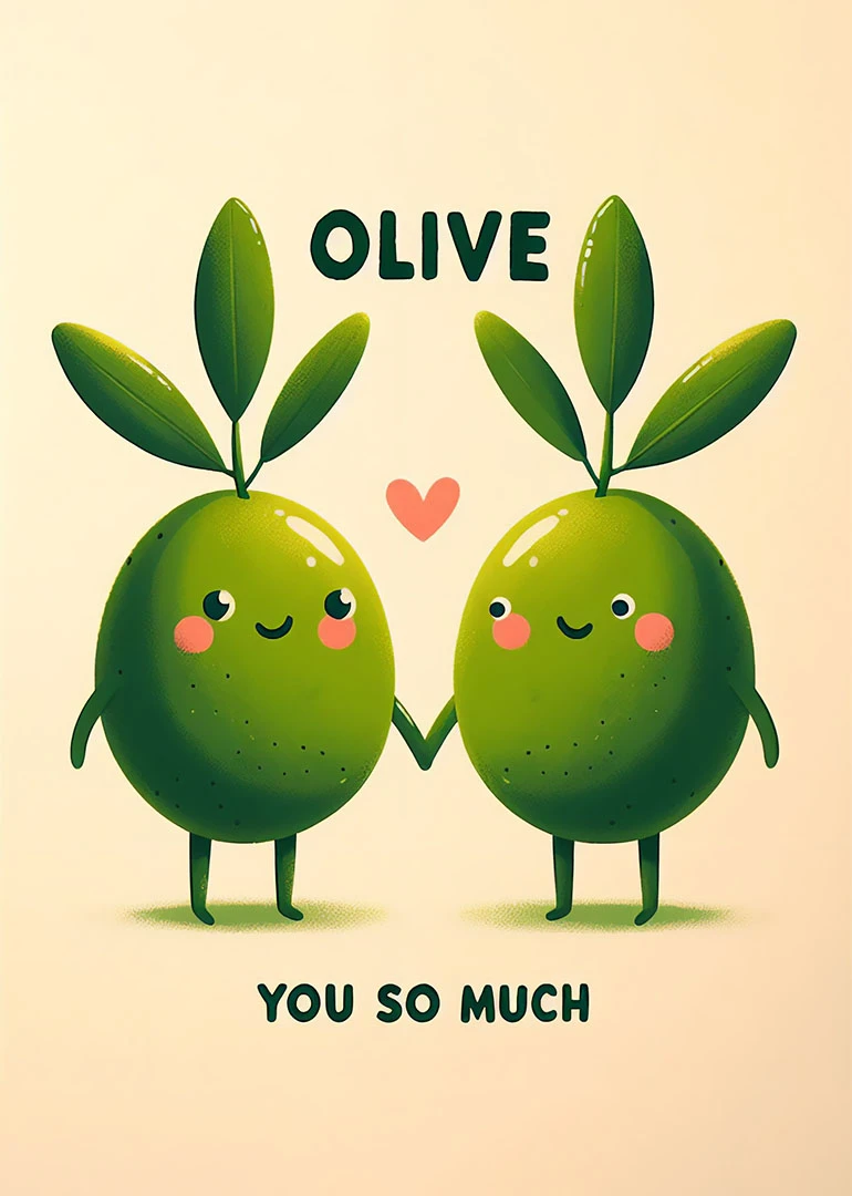 Two smiling olives holding hands beneath Olive You So Much with a small heart above.