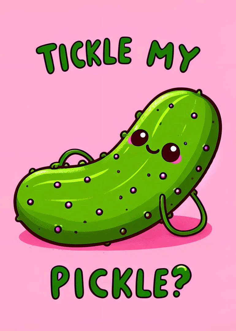 Cute green pickle character on pink background with Tickle My Pickle text and playful expression.