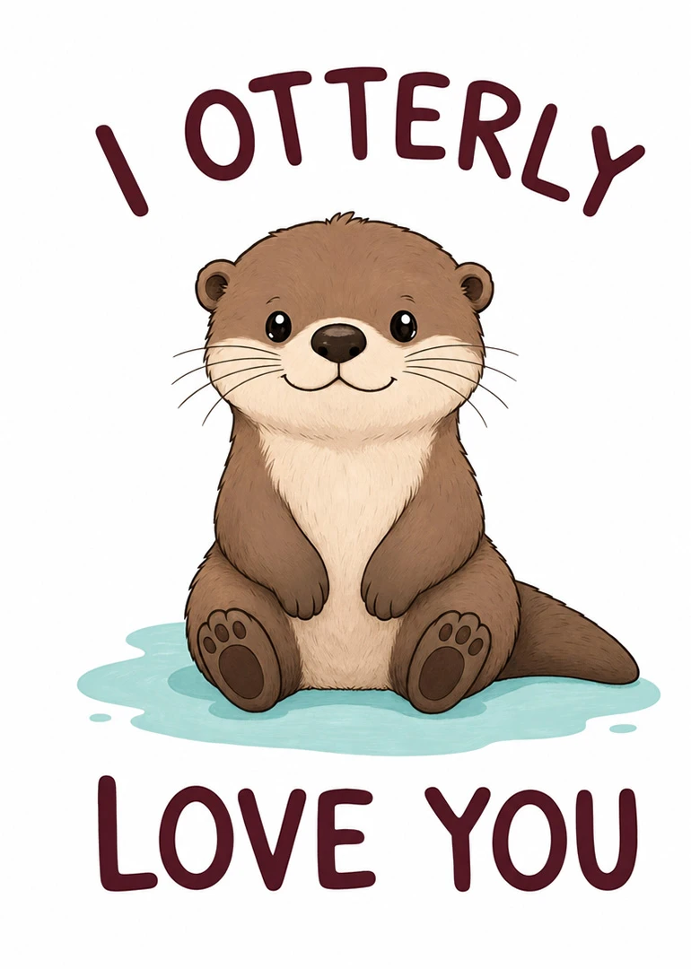 Cute otter sitting in water with I otterly love you text on a white background.