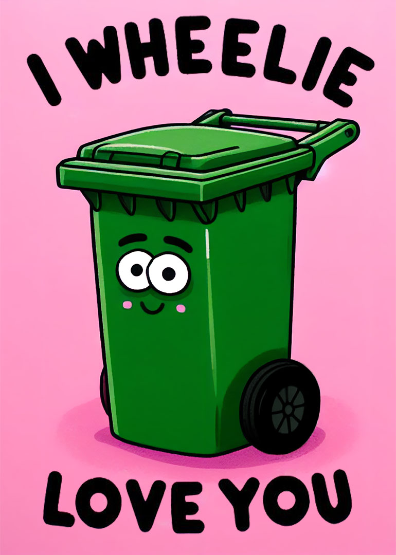 Green wheelie bin cartoon with eyes and smile on pink background