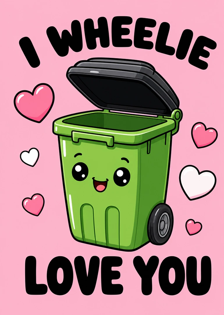 Smiling green wheelie bin with hearts and the pun I WHEELIE LOVE YOU for lovers.