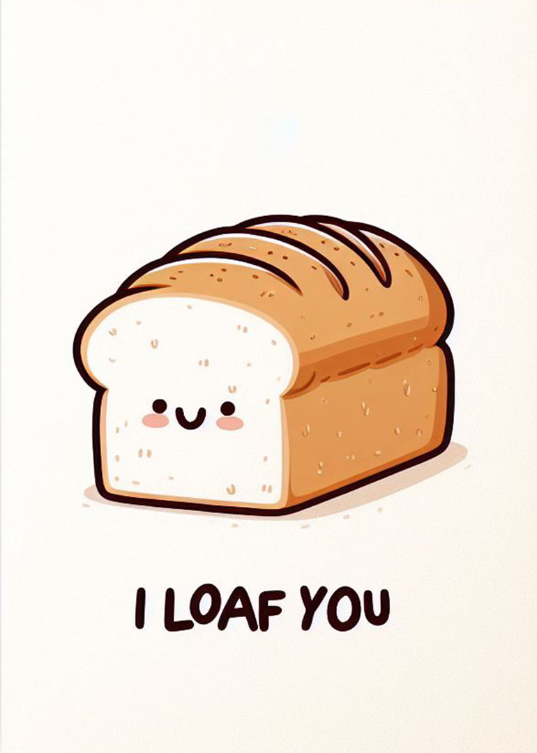 Smiling loaf of bread with rosy cheeks and pun I loaf you