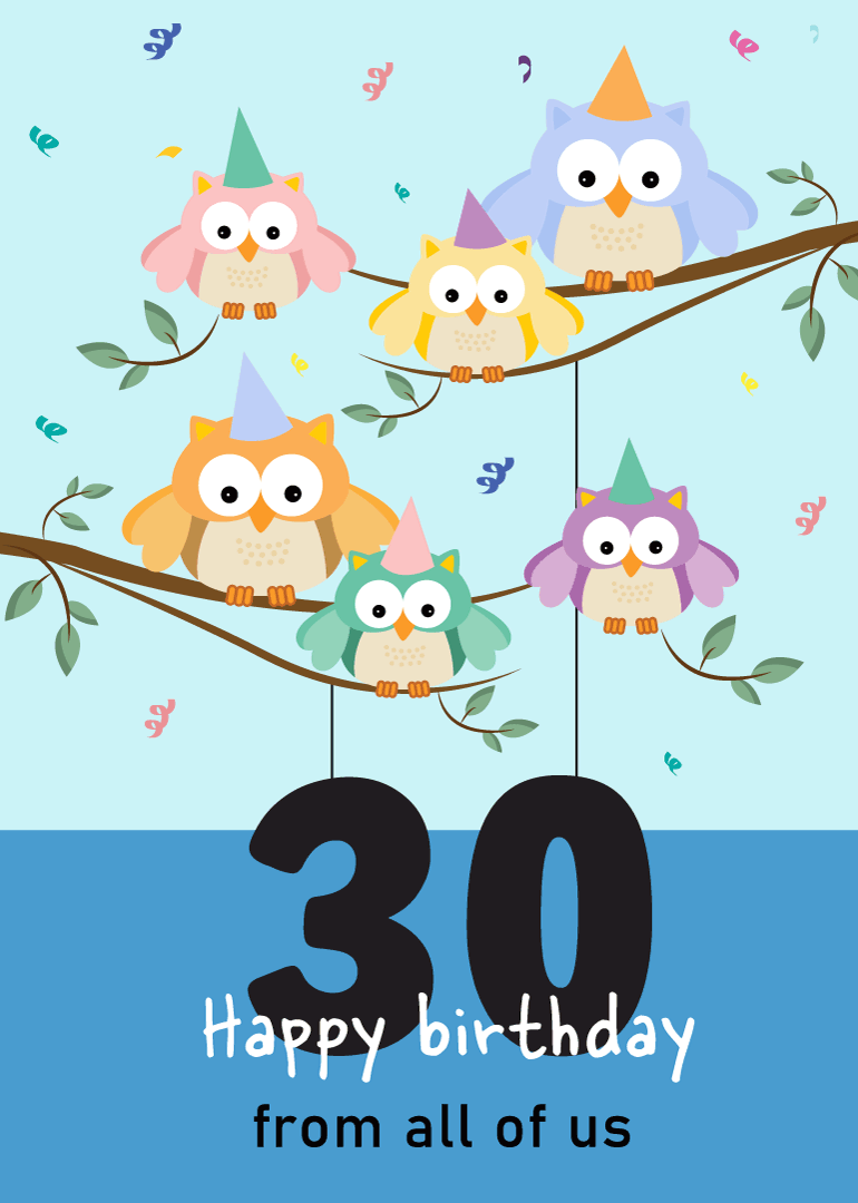 Six colorful owls with party hats on branches celebrating 30th birthday