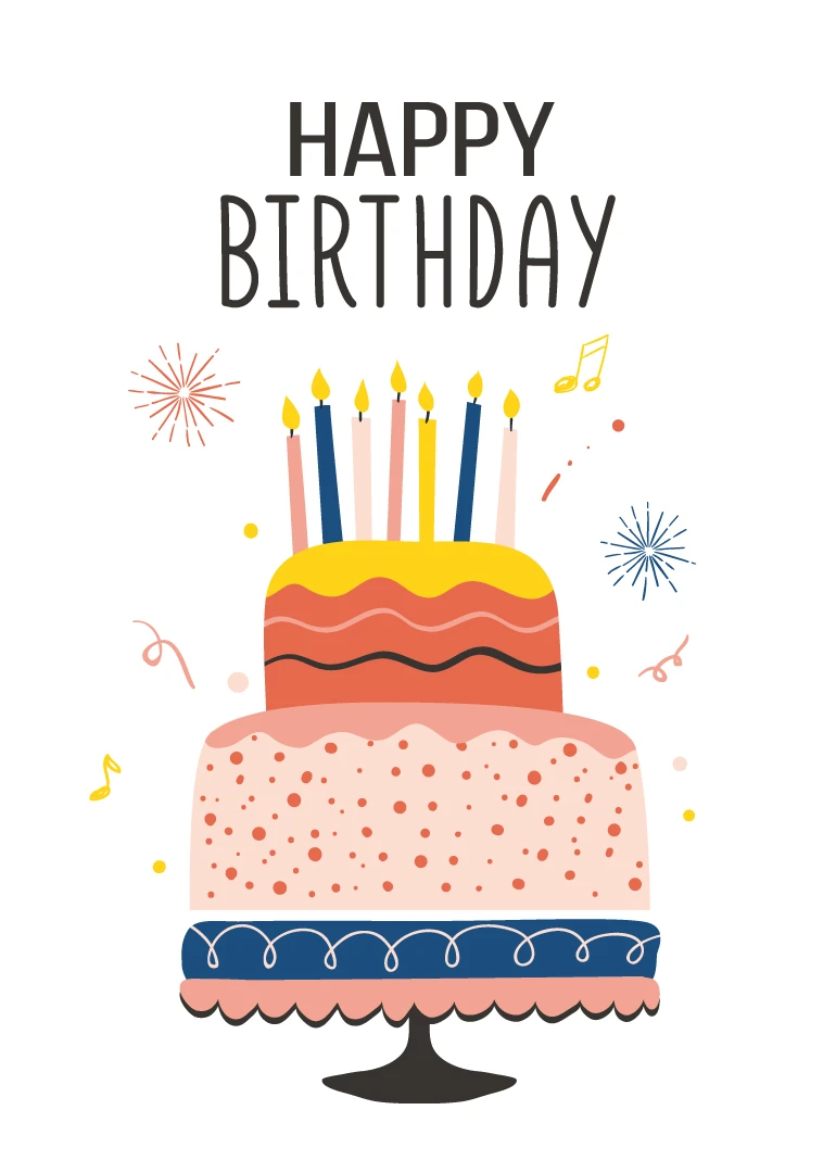 Birthday cake with candles, confetti, and Happy Birthday text in playful colorful illustration style design.