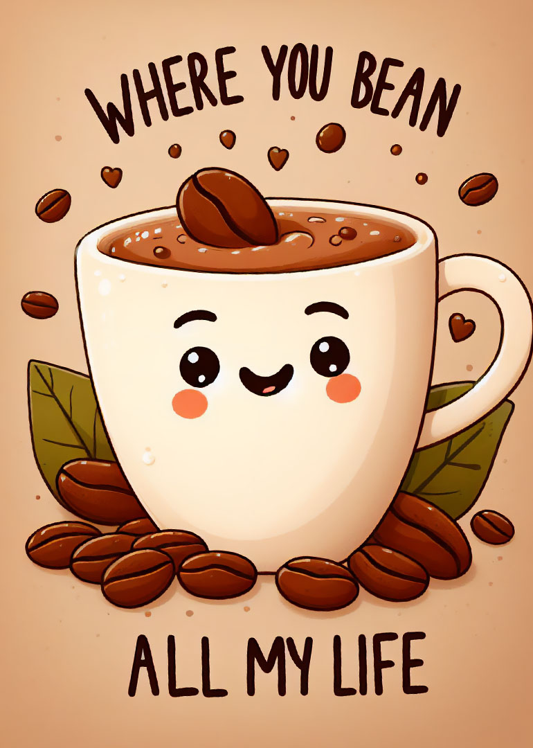 Smiling coffee cup surrounded by coffee beans with playful pun text
