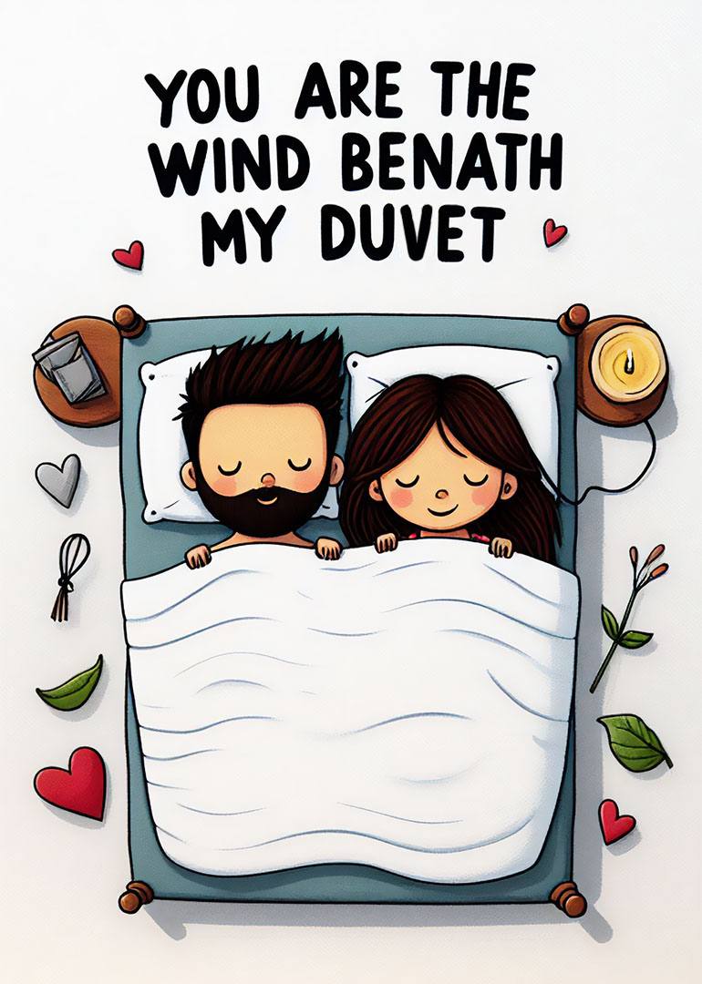 Illustration of couple sleeping under duvet with loving message and hearts