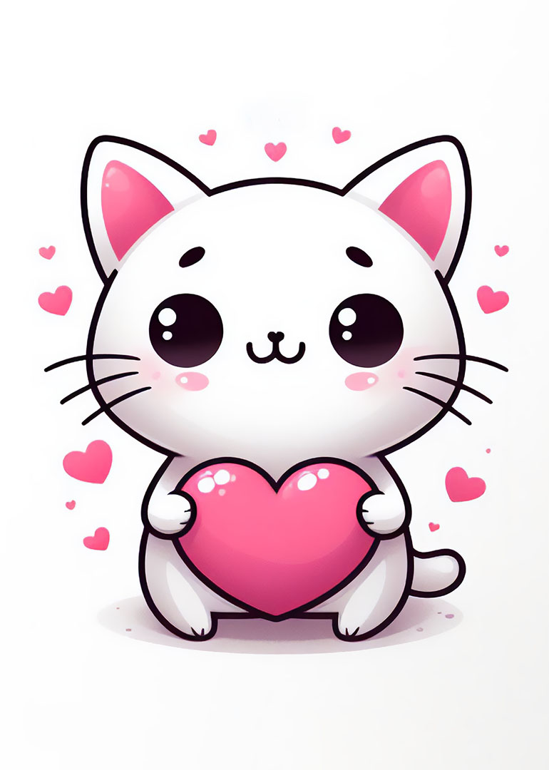 White cat holding pink heart with small pink hearts floating around