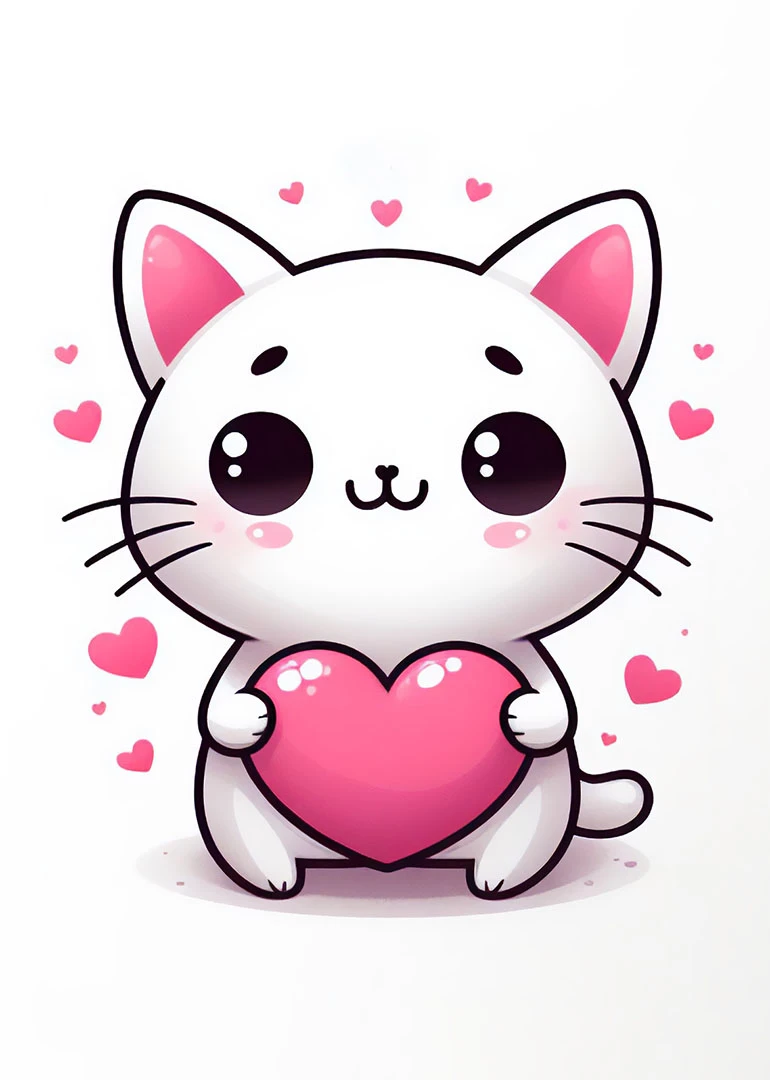 Cute white cat holding a pink heart surrounded by floating hearts on a white background.