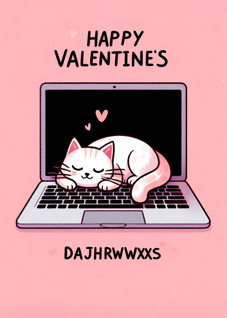 Cute sleeping cat on a laptop with hearts and Happy Valentine's text on pink background.