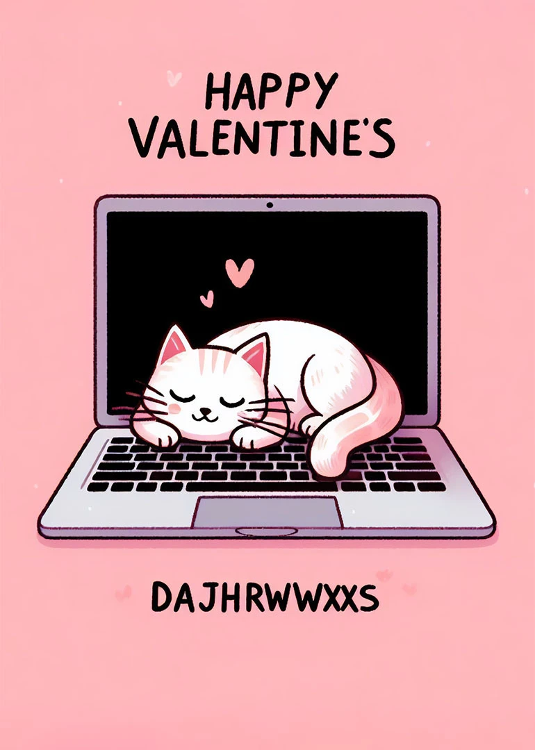 Cute sleeping cat on a laptop with hearts and Happy Valentine's text on pink background.
