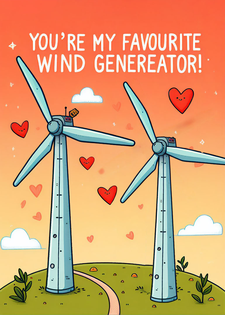 Cartoon wind turbines with smiling hearts and playful Valentine message
