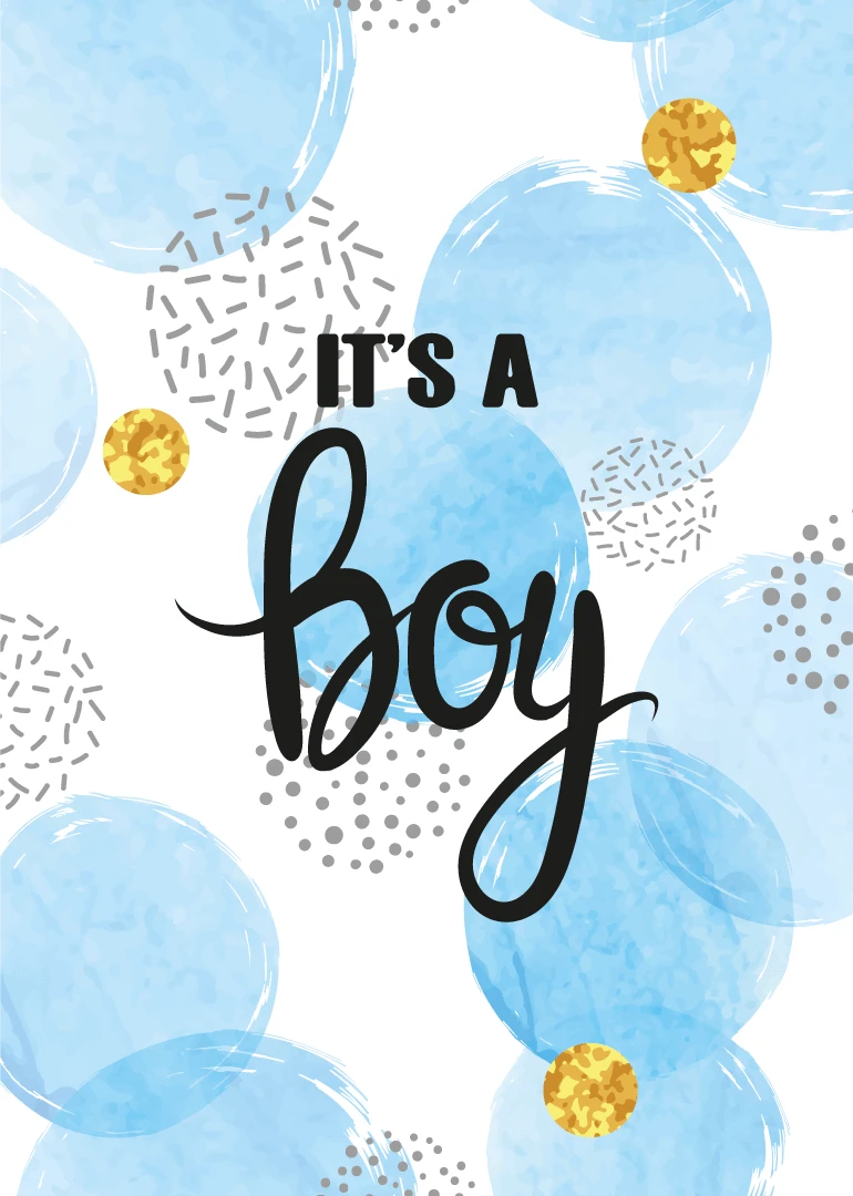 Blue circles and confetti surround bold text It's a boy on a cheerful baby card.