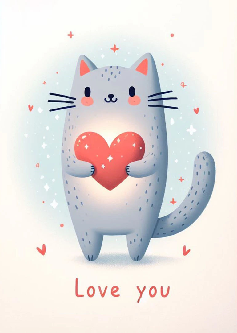 Cute grey cat holds a red heart with Love you text and floating hearts around.