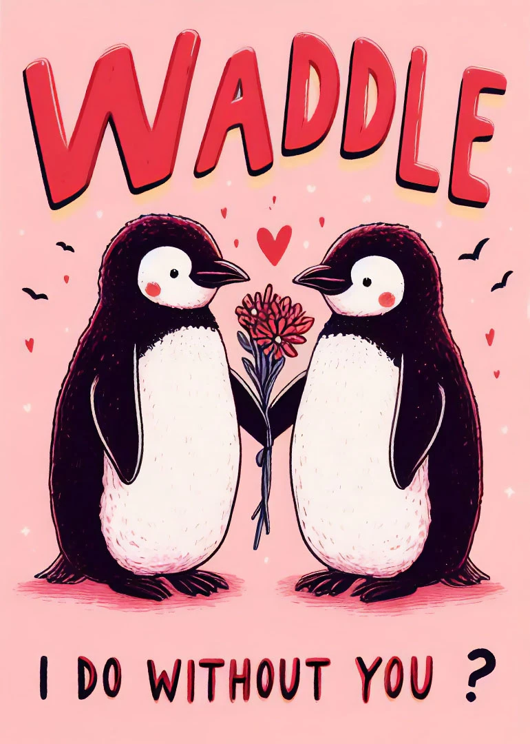 Two penguins share a flower under the word WADDLE on a pink romantic card.